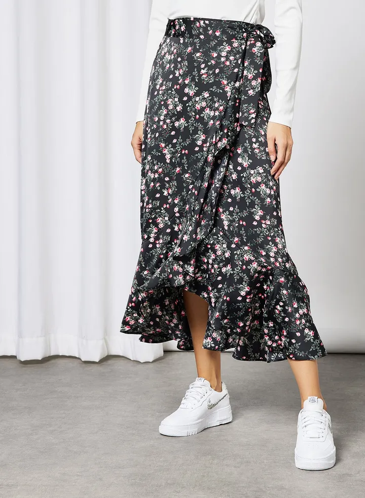 Floral Print Wrap Skirt Black