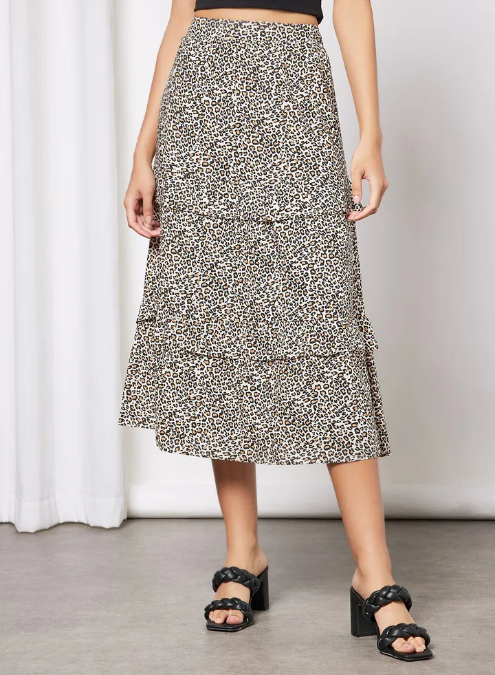 "Women's Casual Tiered Ruffle Maxi Skirt Leopard