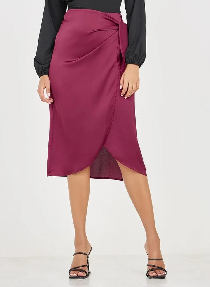 Satin Wrap Front Midi Skirt
