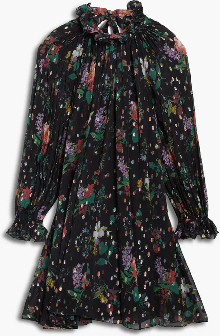 Pleated metallic floral-print fil coupé chiffon mini dress