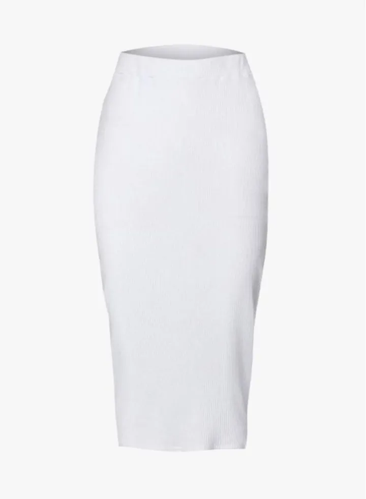 Pit Striped High Waist Slim Fit Midi Skirt White