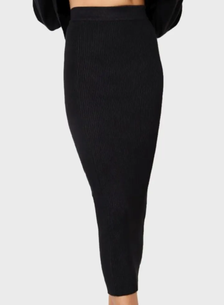 Pit Striped High Waist Slim Fit Midi Skirt Black