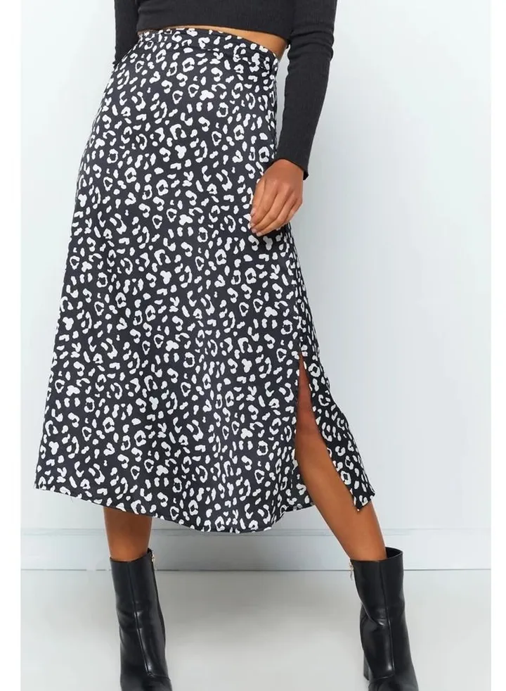 Women High Waist Skirt Leopard Print Midi Beach Side Slit Skirt Black
