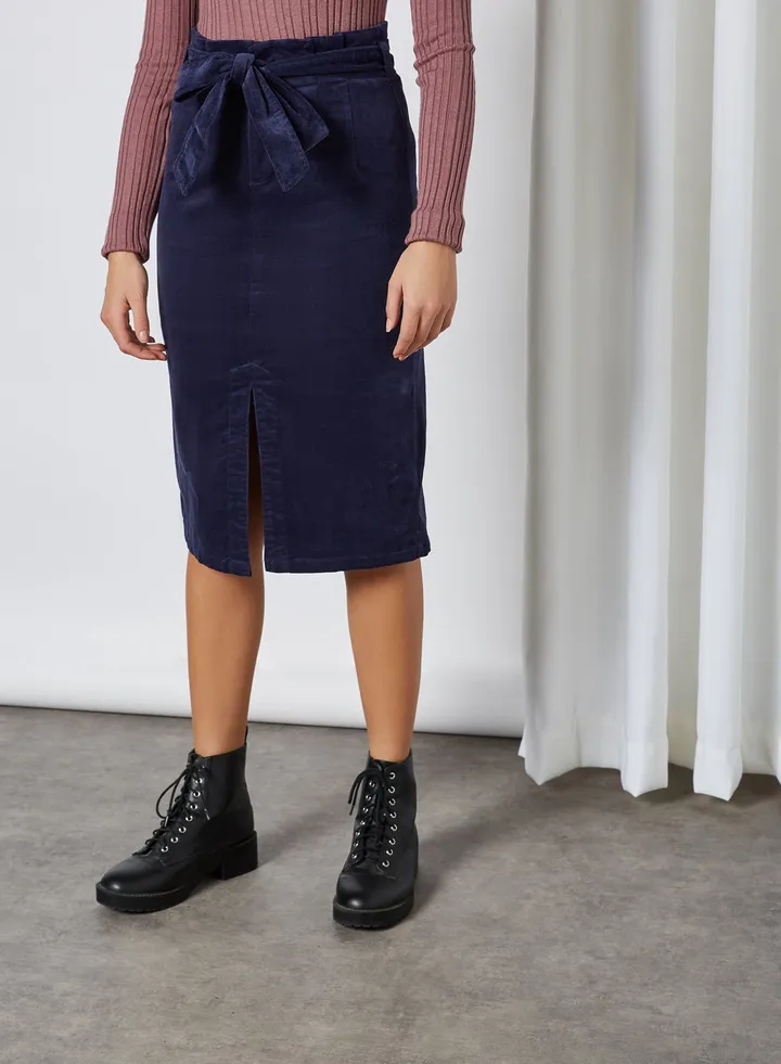 Corduroy Paperbag Straight Midi Skirts Navy