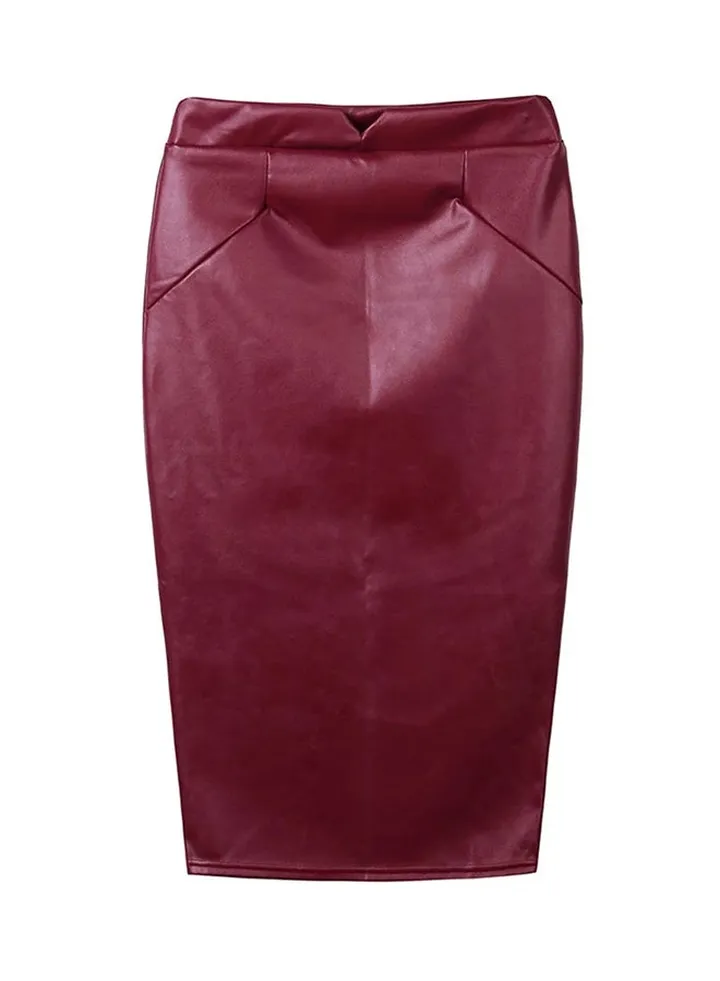 Solid PU Leather Midi Pencil Skirt Burgundy