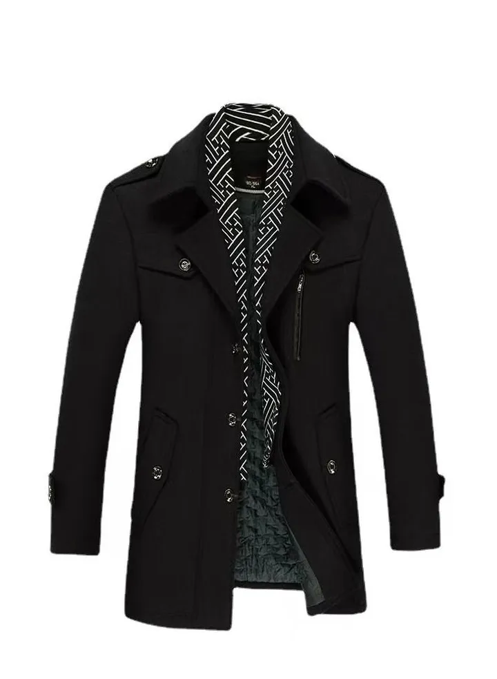 Cross Border Men's Woolen Coat Long Scarf Collar Plus Cotton Thickened Woolen Overcoat