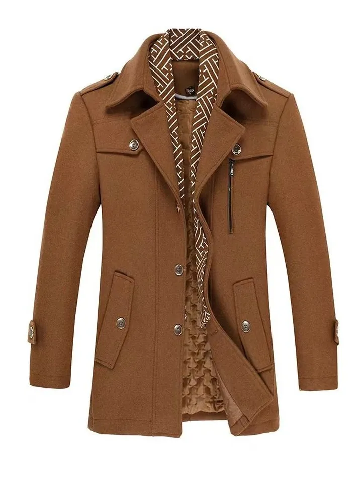 Cross Border Men's Woolen Coat Long Scarf Collar Plus Cotton Thickened Woolen Overcoat