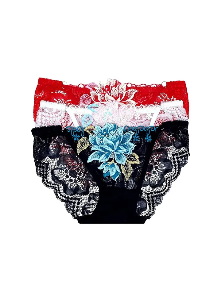 3Pcs Women Briefs Nightly Wear Evening Wear Low Waisted Pure Cotton Underwear Hipster Lace Panties Bikinis Breathable Briefs Panty Lingerie for Ladies Girls White/Red/Black
