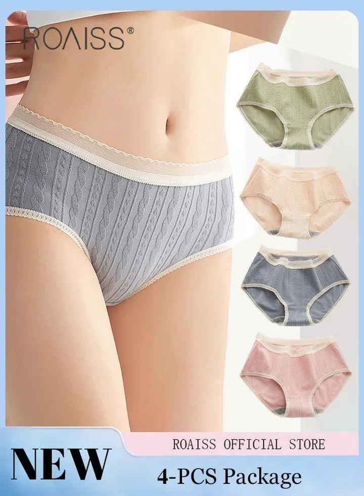 4 Piece Breifs Set Womens Cotton Mid-rise Stretch Panties Underwear Ladies Lace Stripe Panties Ladies Cotton Breathable Inner Leggings Women's Comfort Fit Briefs