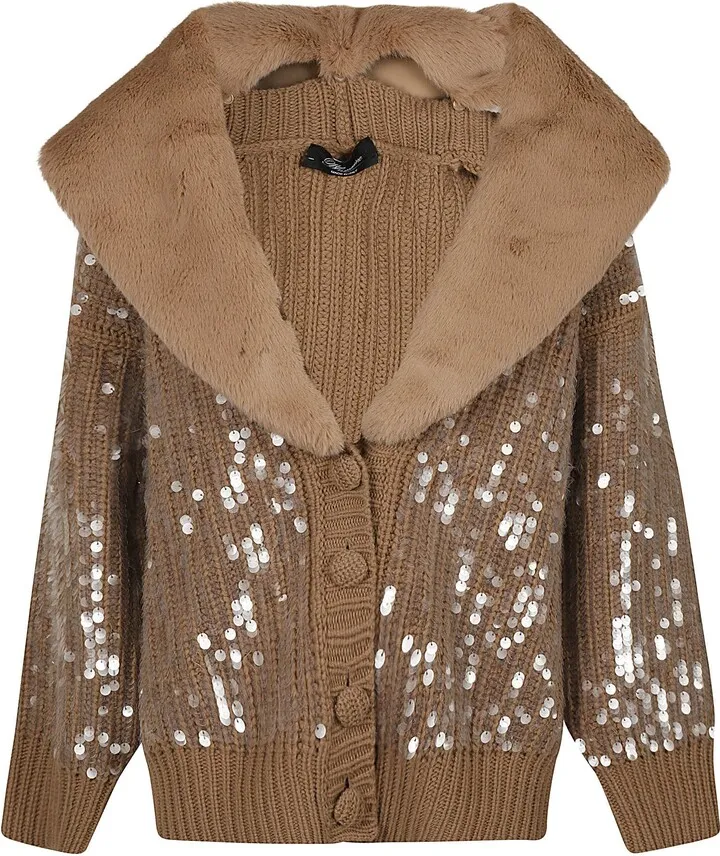 Wide V-neck Fur Applique Cardigan