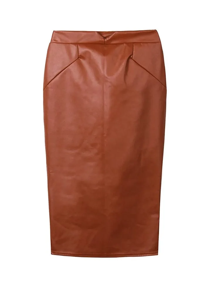Solid PU Leather Midi Pencil Skirt Coffee