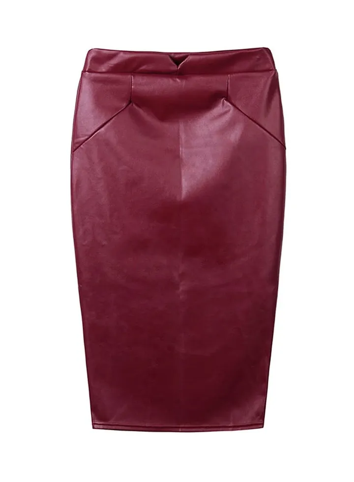 Solid Midi Pencil Skirt Burgundy