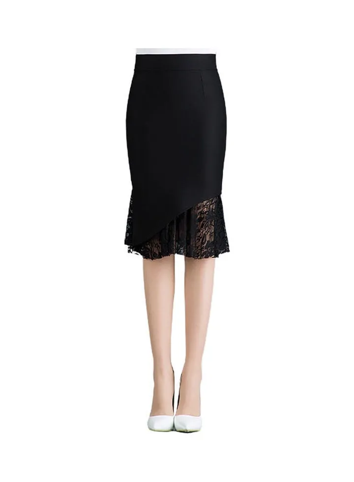 Women High Waist Lace Patchwork Pencil Skirt Black