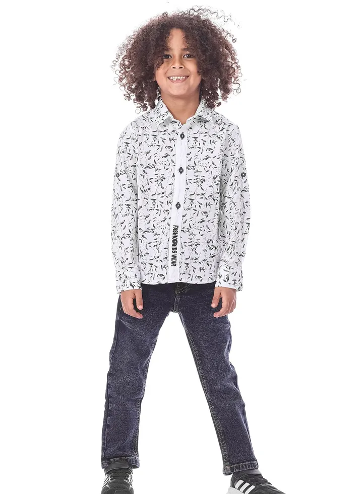 White & Black Long Sleeve Printed Casual Shirt
