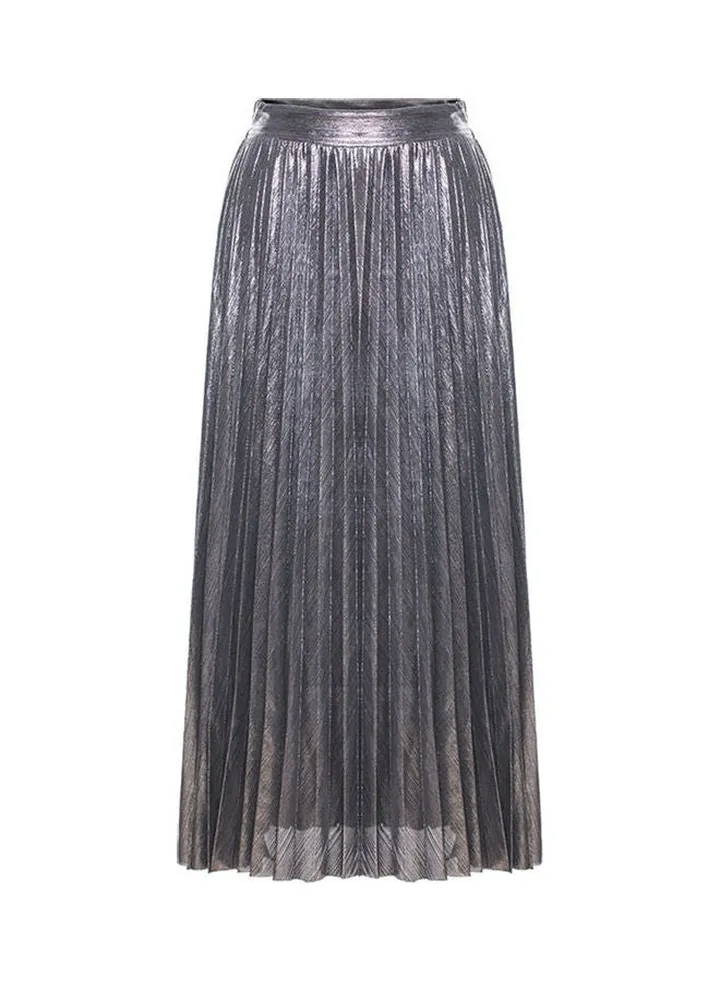 High Waist Long Pleated Skirt Silver