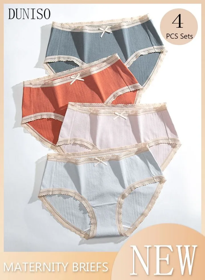 4PC Women's Briefs Ladies Girl's Mid-waist Cotton Underwear Lace High Stretch Panties Soft Underpants Underwear Full Coverage Panties Multicolor