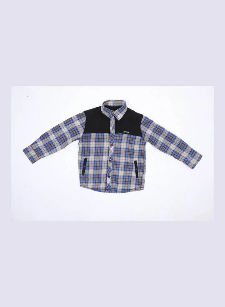 Collared Neck Colour Blocked Shirt Long Sleeve Blue