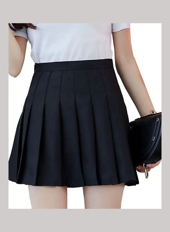 Women Fashion High Waist A Line Pleated Skirt Black