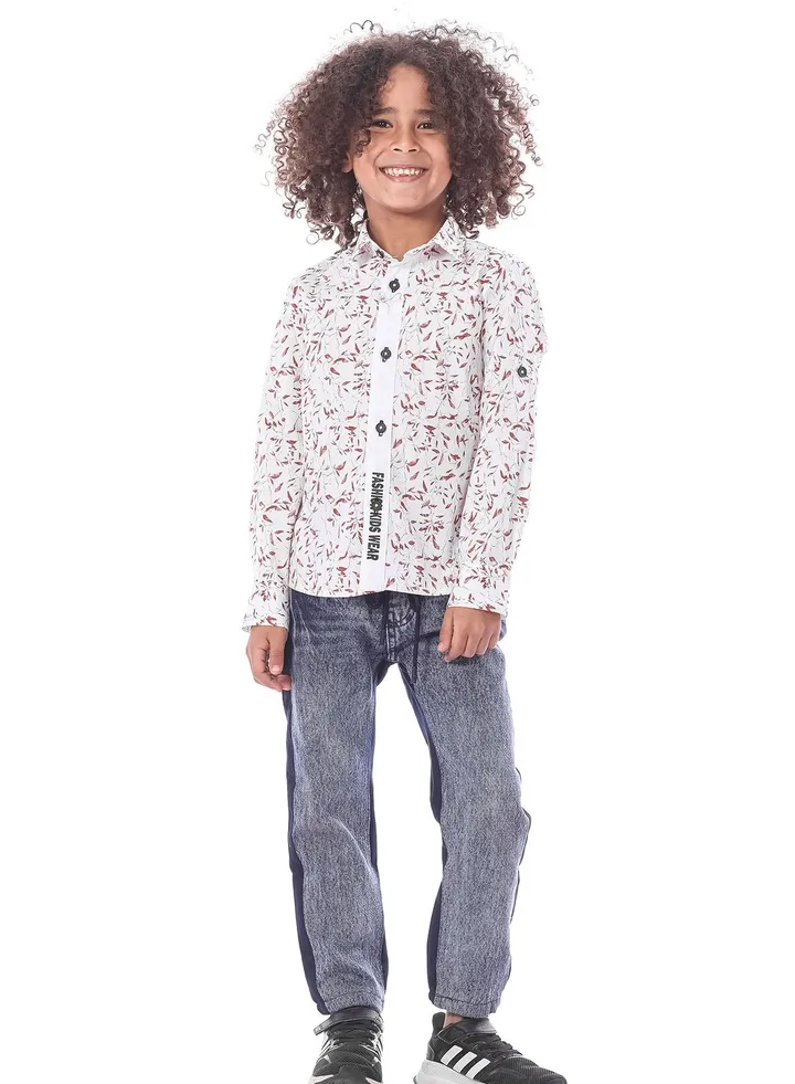 White & Red Long Sleeve Printed Casual Shirt