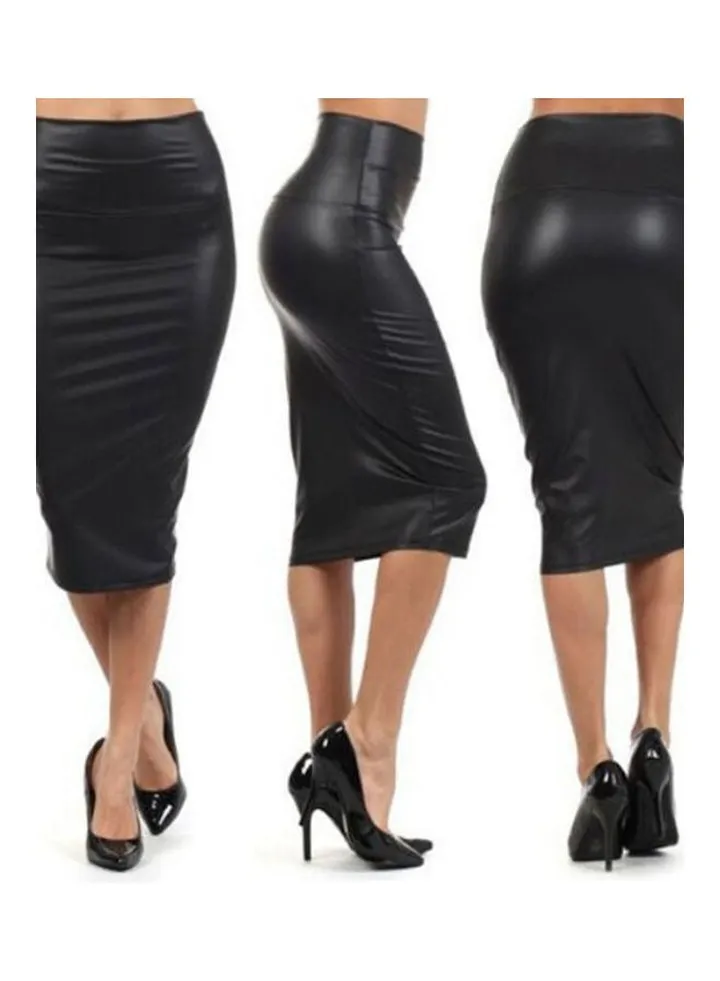 OL Faux Leather High Waist Knee Length Pencil Skirt black