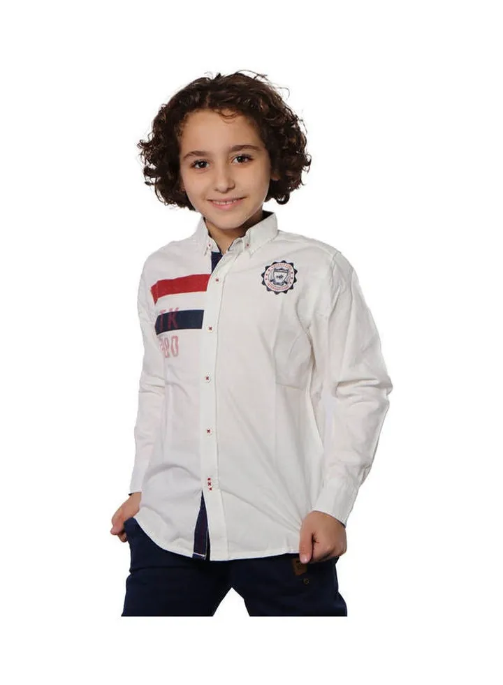 Printed Collared Neck Long Sleeve Shirt White
