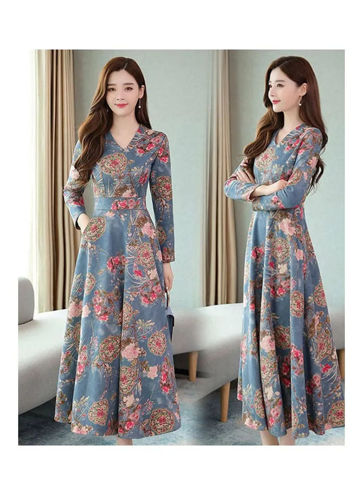 Waist V-neck Dress Age-receiving Temperament Long Sleeve Blue powder