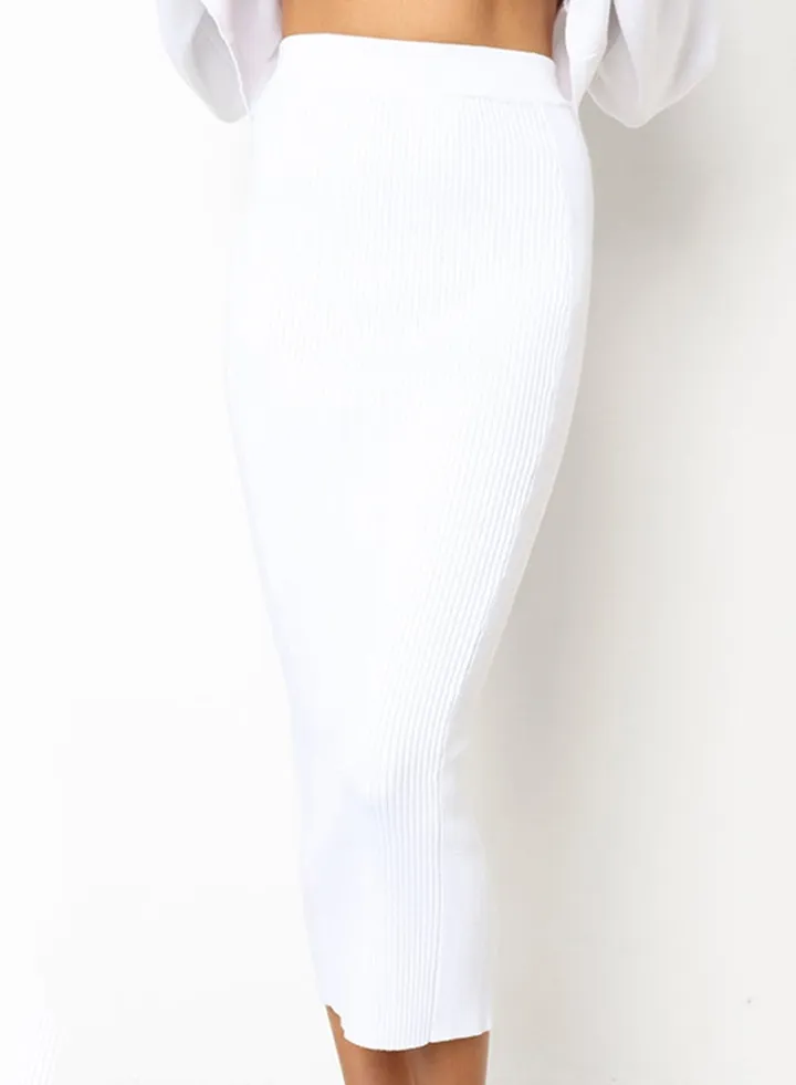 High Waist Slim Straight Midi Skirt White