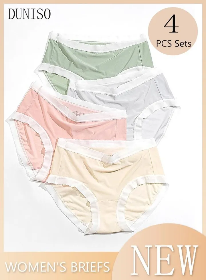 4PC Women's Briefs Ladies Girl's Mid-waist Cotton Underwear Lace High Stretch Panties Soft Underpants Underwear Full Coverage Panties Multicolor