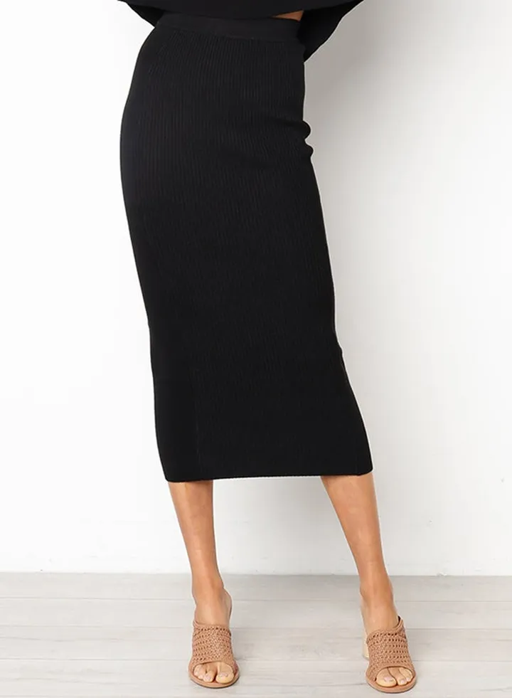 High Waist Slim Straight Midi Skirt Black