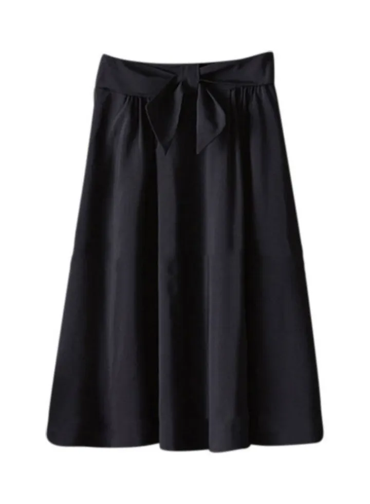 Bow Belted High Waist Pleated Midi Skirt Black