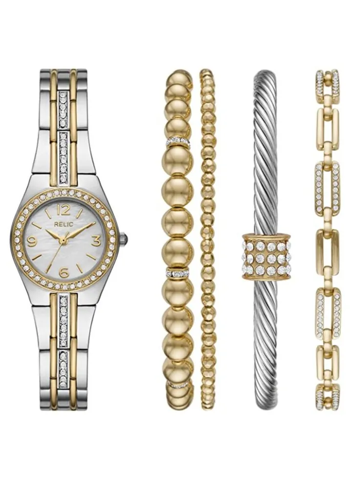 Relic by Fossil Queen's Court Three-Hand Two Tone Metal Watch Gift Set with Bracelet Accessories