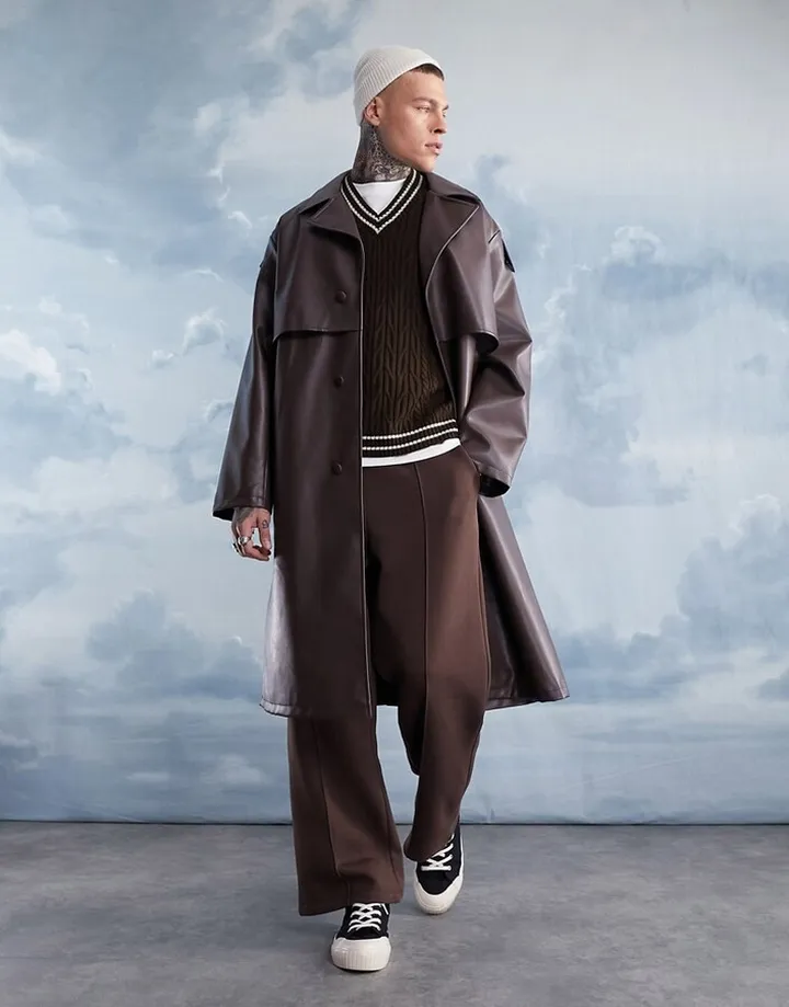 ASOS DESIGN extreme oversized faux leather trench coat in brown