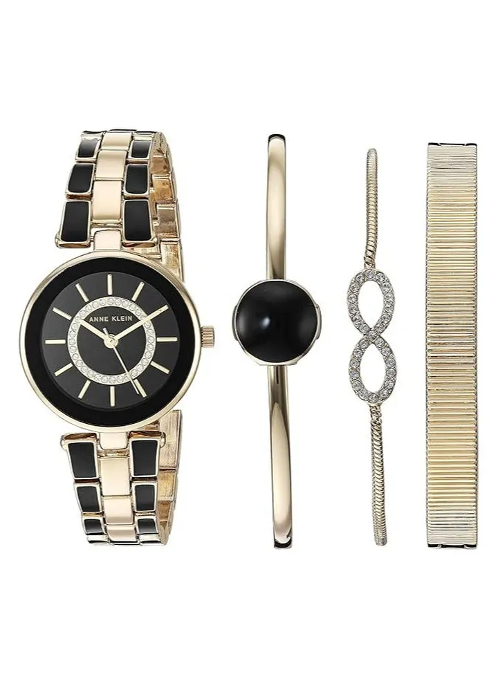 Anne Klein Women's Premium Crystal Accented Watch and Bracelet Set, Gold/Black