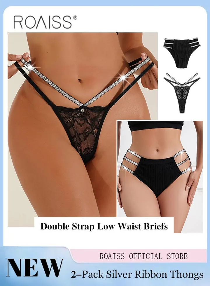 2 Pack Plus Size Women Briefs Ladies Low-Rise Hollow Out Seamless Panties 2-Pack Set with Side Sparkling Thin Straps Triangle Design