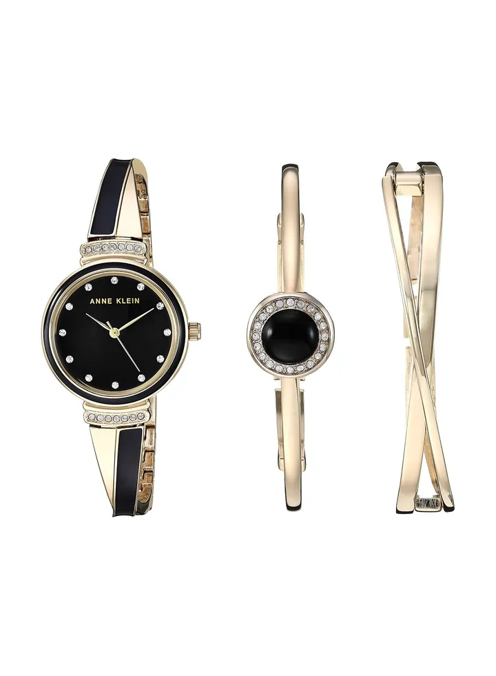 Anne Klein Women's AK/3292BKST Premium Crystal Accented Gold-Tone and Black Watch and Bangle Set
