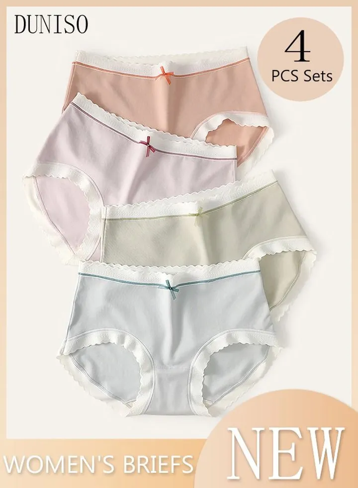 4PC Women's Briefs Ladies Girl's Mid-waist Cotton Underwear High Stretch Panties Soft Underpants Underwear Full Coverage Panties Multicolor