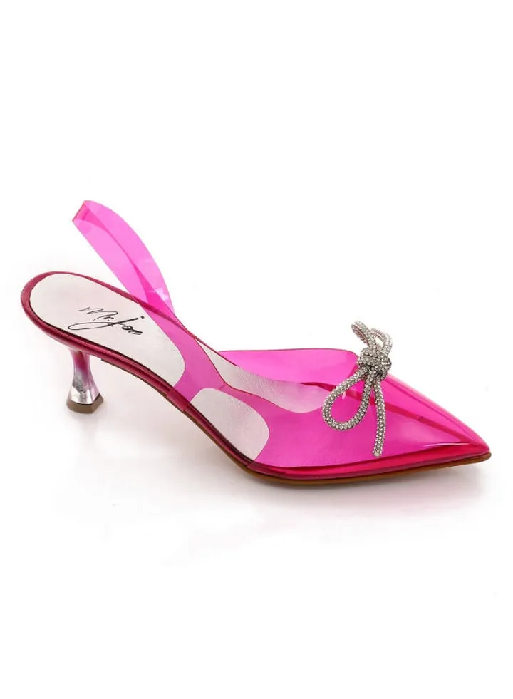 Pointed Toecap Transparent Heeled Slingback Sandal With Decorated Bow - Hot Pink