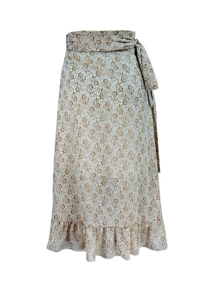 Floral Printed Slit Skirt White/Beige
