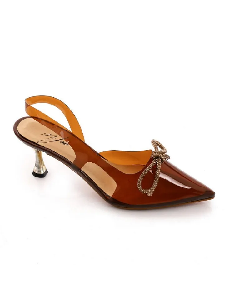 Pointed Toecap Transparent Heeled Slingback Sandal With Decorated Bow - Brown
