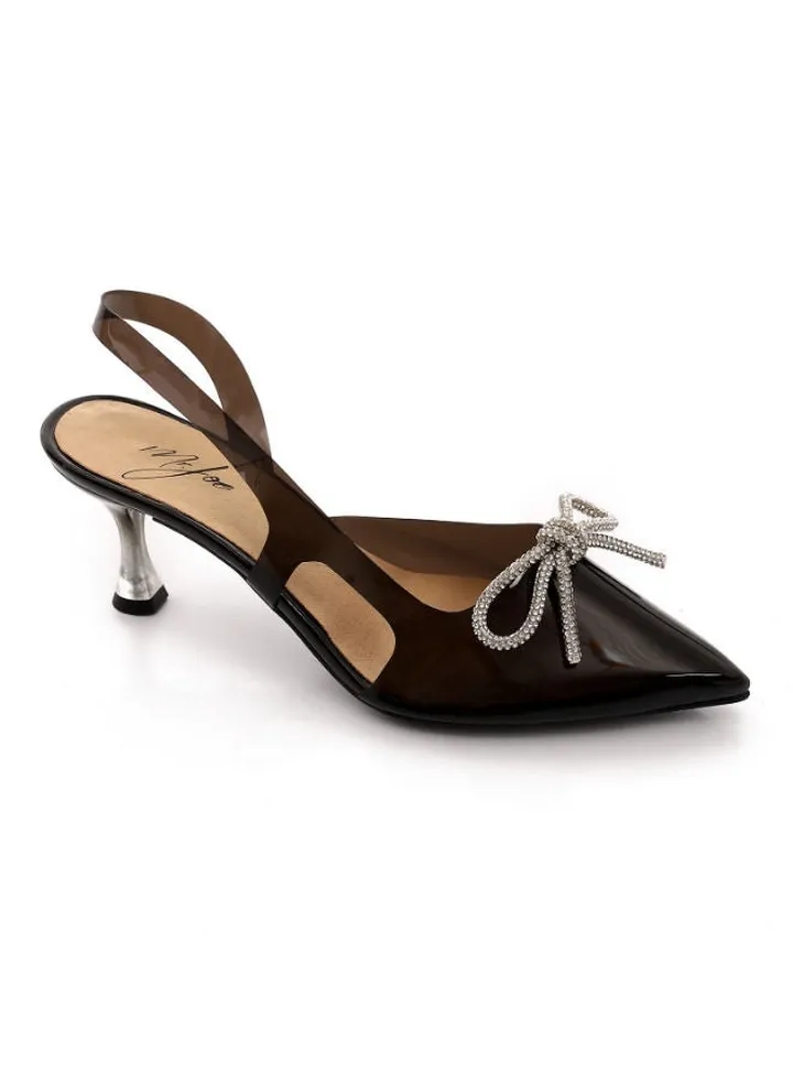 Pointed Toecap Transparent Heeled Slingback Sandal With Decorated Bow - Black