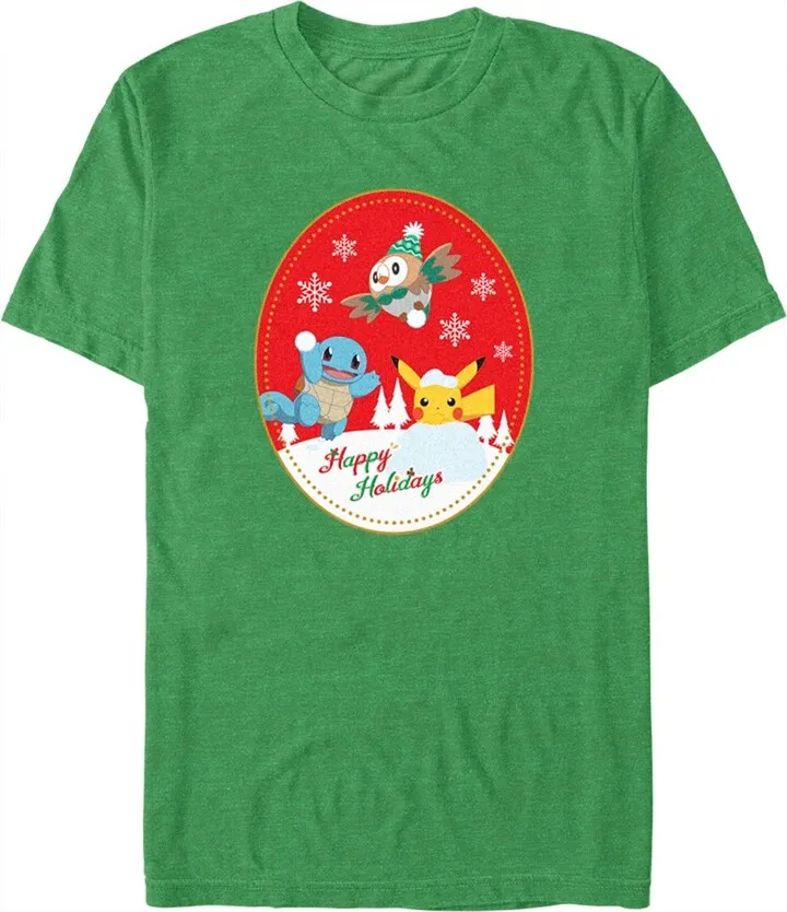 Men's Pokemon Christmas Happy Holidays Patch T-Shirt - Kelly Heather - Small