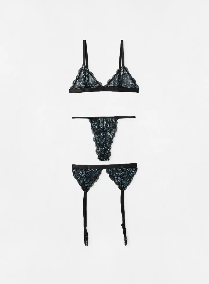 Lace Bralette Thong And Suspenders Set Blue