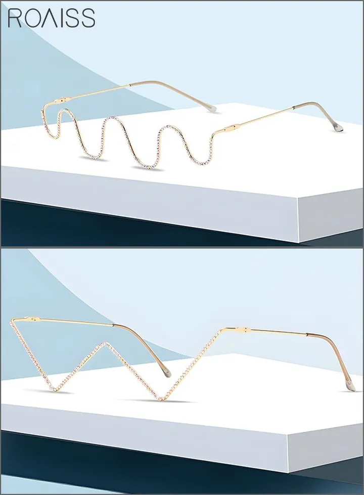 Sparkling Crystal Half Frame Eyeglasses - Rhinestone Decor, V-shaped and Wave-shaped Gold Frame - 2 Pack, Lens-free