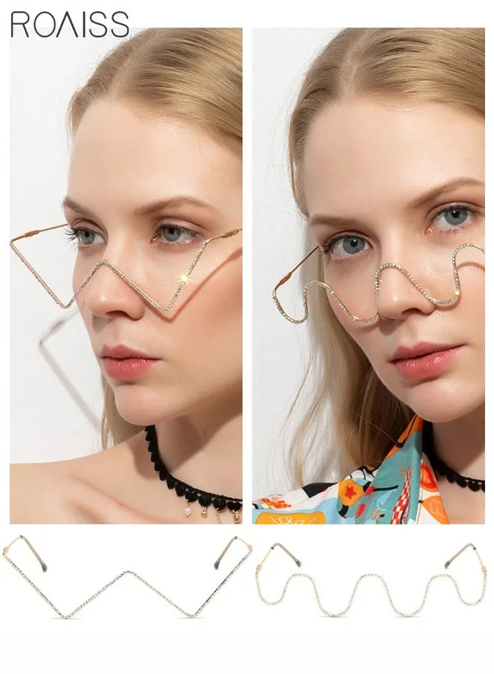 Crystal Rhinestone Decorated Eyeglasses - Half Frame Design, Gold Frame, V-shaped and Wave-shaped - 2 Pack, No Lenses Included