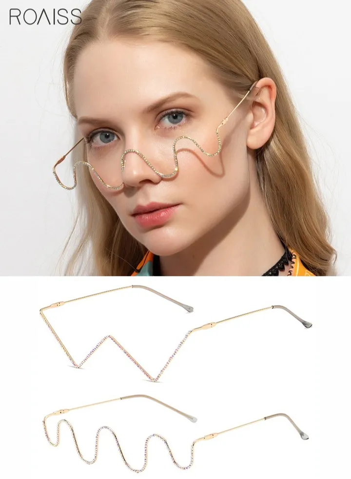 Gold Frame Rhinestone Eyeglasses - Half Frame, Sparkling Crystal Decor, V-shaped and Wave-shaped - Pack of 2, Lensless