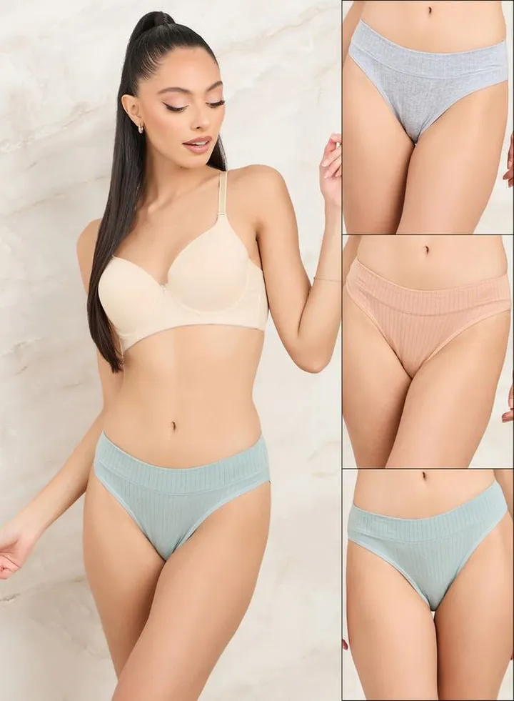 Pack of 3 - Ribbed Wide Waistband Cotton Bikini Briefs
