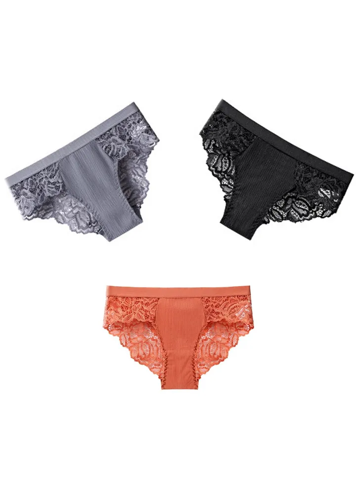 3-Piece Women Girl Lace Briefs Set Swimming wear Underwear Anti-bacterial Breathable Waist Body Shaper Underpants Panty Slimming Elastic Briefs,Nightwwear Evening Wear L