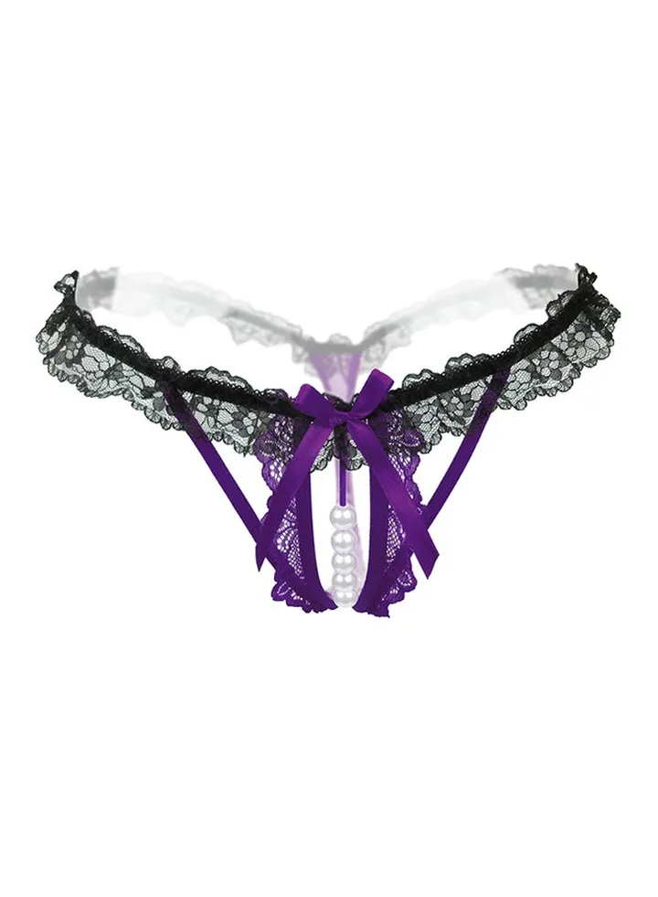 Hollow Lace Pearl Briefs Purple/Black