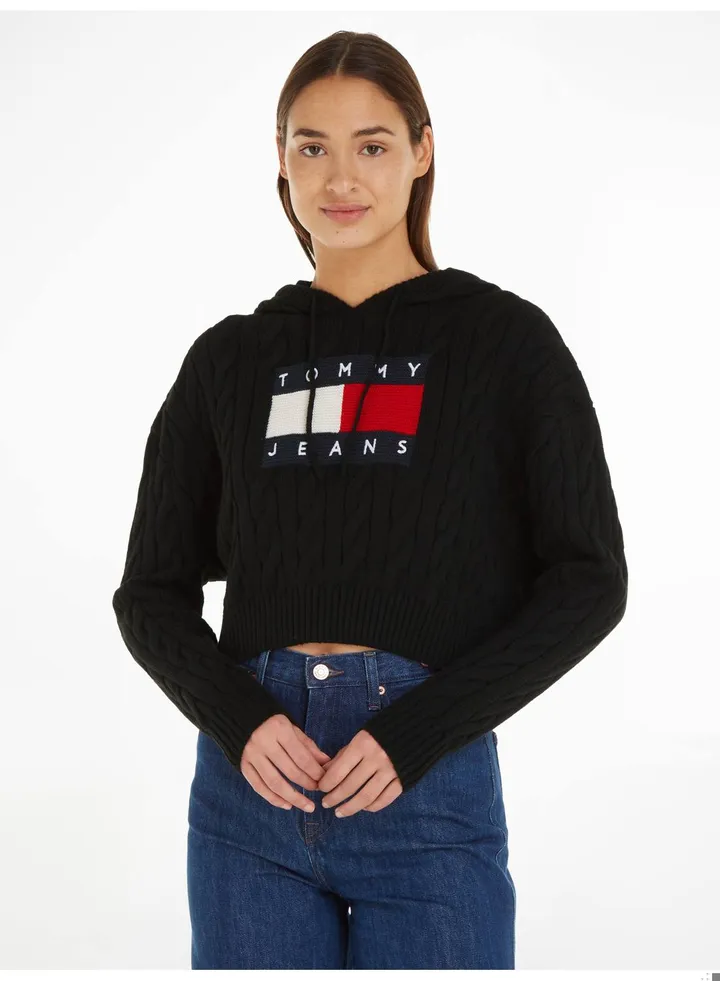 Women's Cropped Cable Knit Flag Badge Hoody Sweater, Black