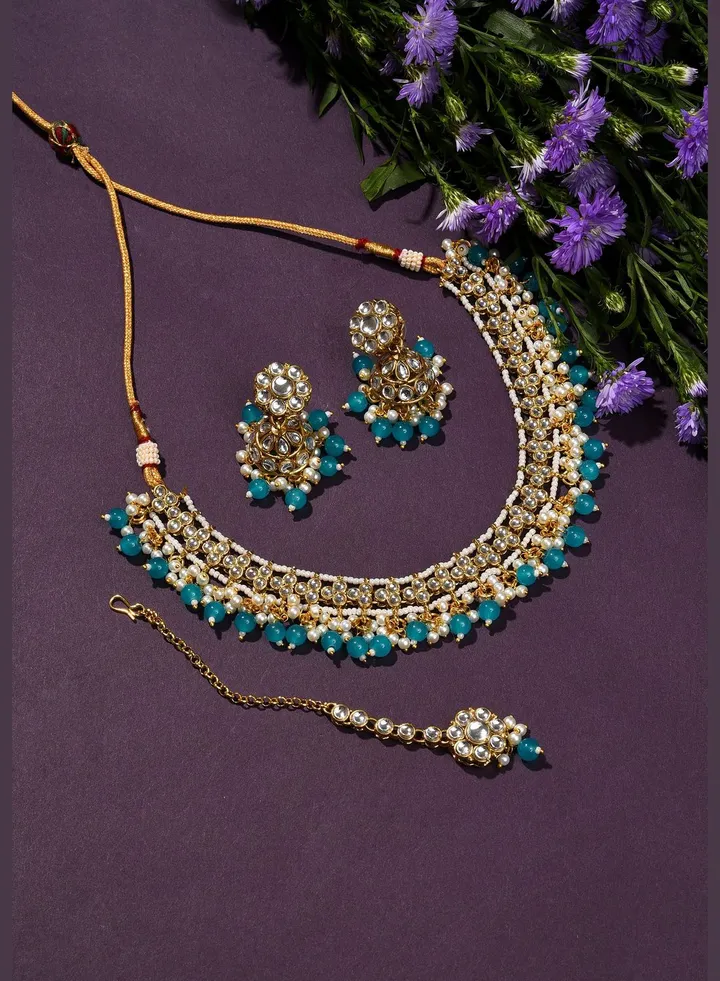 Gold Plated Designer Stone Beaded Necklace, Earrings and Maang Tikka Set